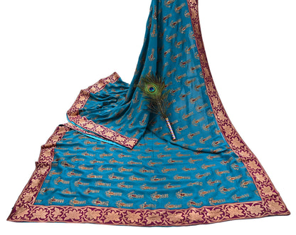 Indian Vintage Heavy Sarees Turquoise Pure Georgette Silk Hand Embroidered Sari Fabric 5Yd Sewing Ethnic zari with blouse fabric