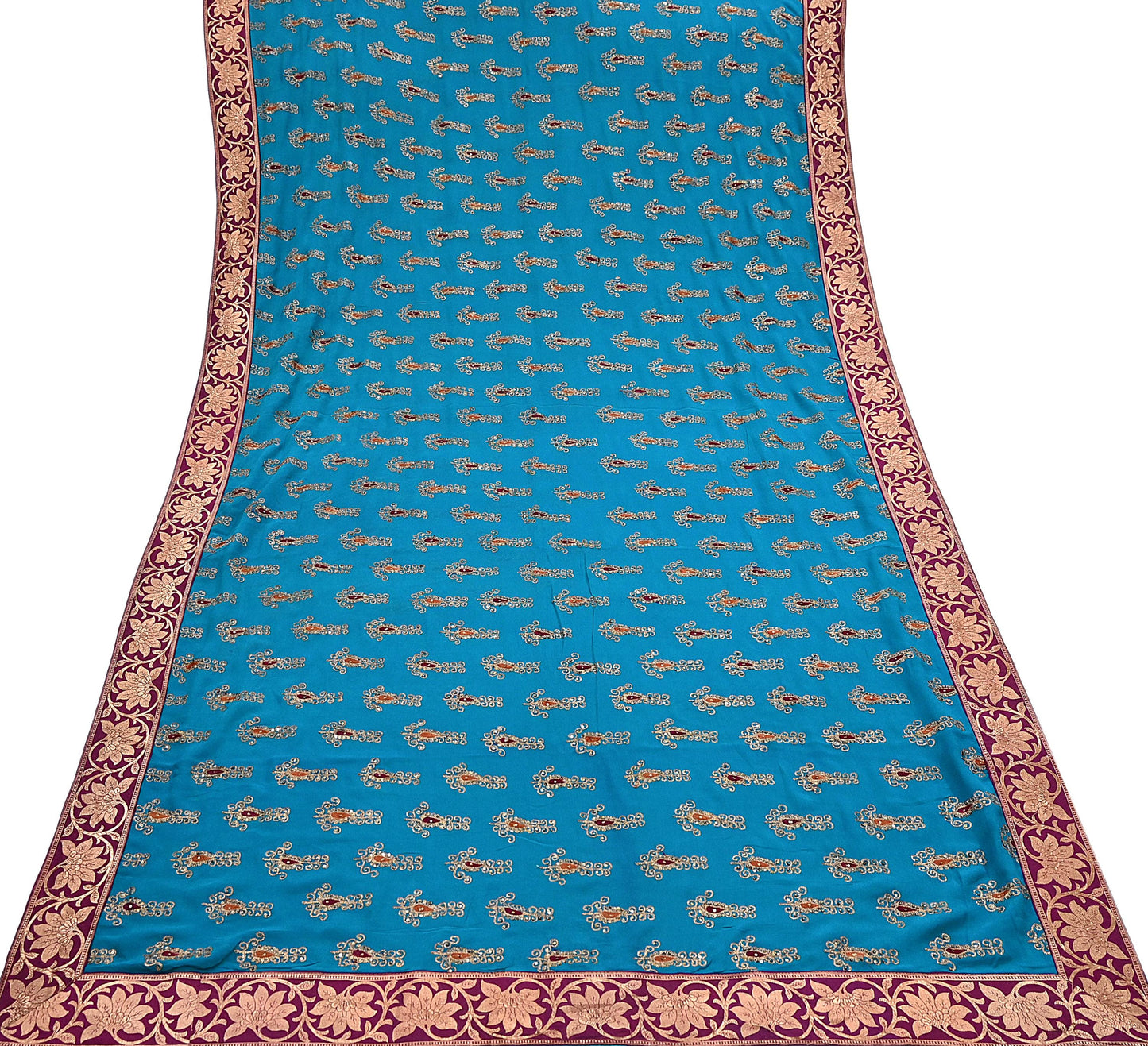 Indian Vintage Heavy Sarees Turquoise Pure Georgette Silk Hand Embroidered Sari Fabric 5Yd Sewing Ethnic zari with blouse fabric