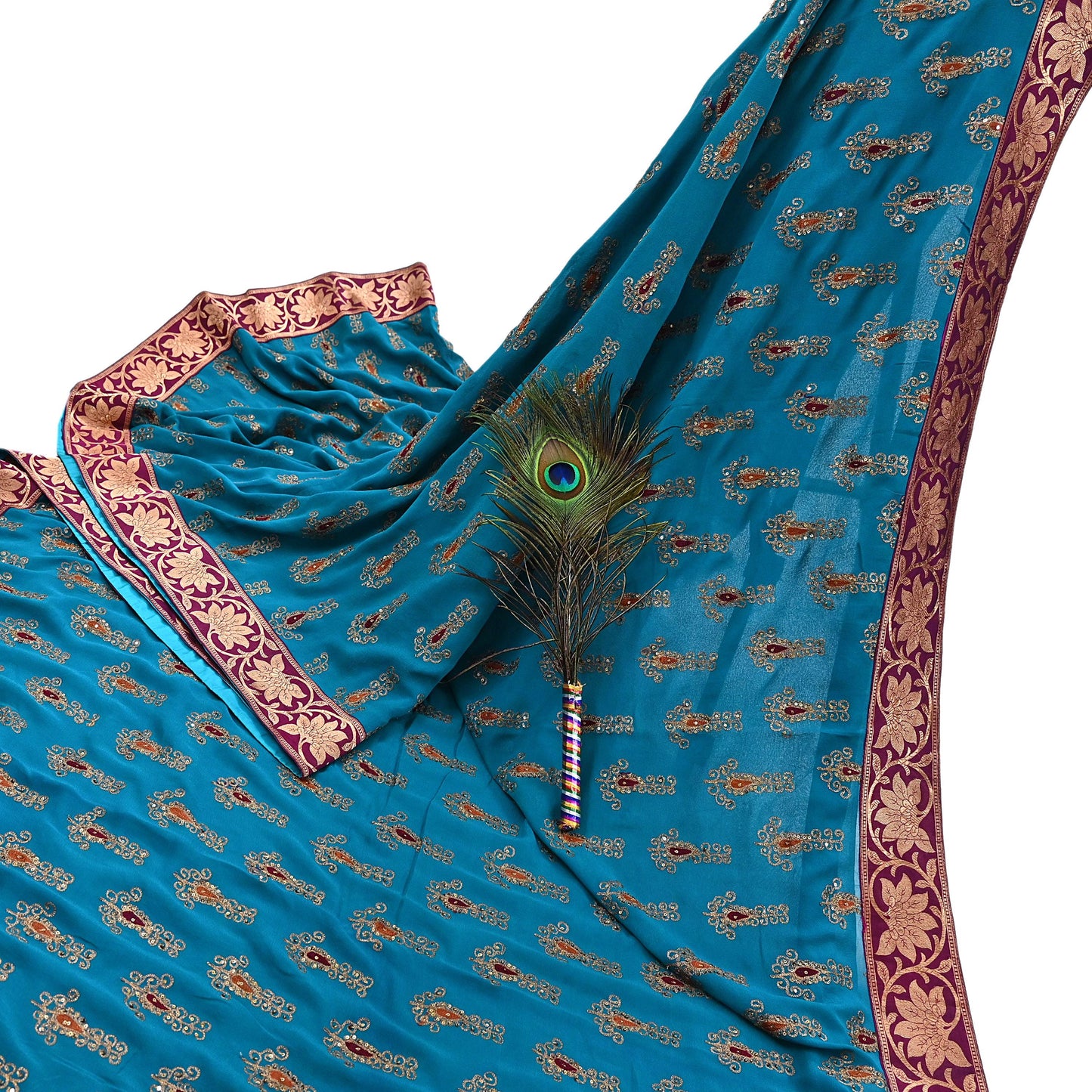 Indian Vintage Heavy Sarees Turquoise Pure Georgette Silk Hand Embroidered Sari Fabric 5Yd Sewing Ethnic zari with blouse fabric