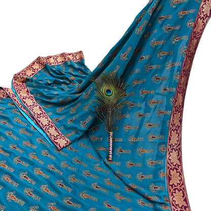 Indian Vintage Heavy Sarees Turquoise Pure Georgette Silk Hand Embroidered Sari Fabric 5Yd Sewing Ethnic zari with blouse fabric