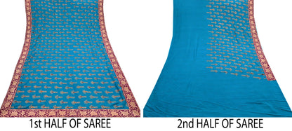 Indian Vintage Heavy Sarees Turquoise Pure Georgette Silk Hand Embroidered Sari Fabric 5Yd Sewing Ethnic zari with blouse fabric