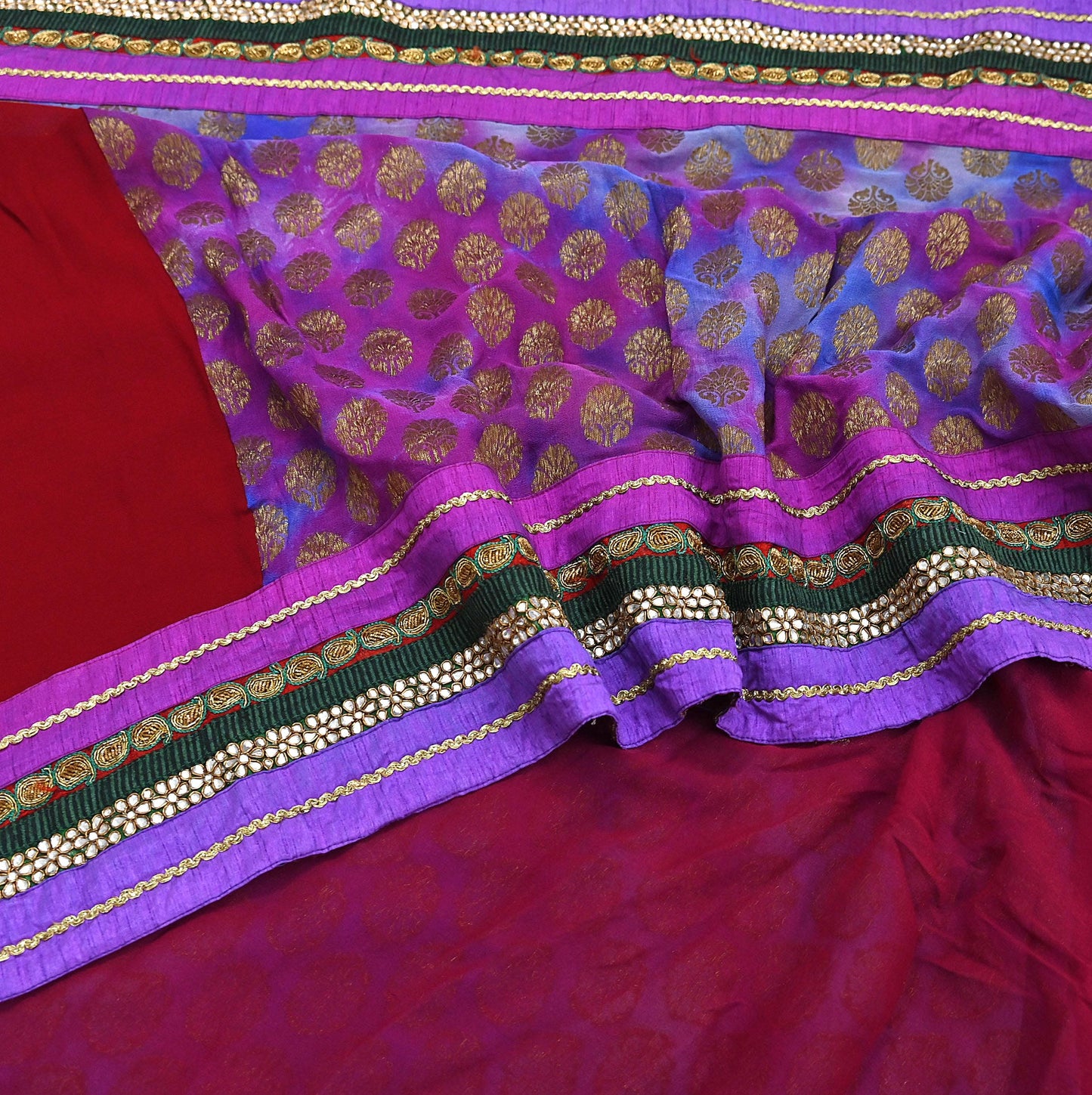 Indian Vintage Heavy Sari Red Pure Georgette Silk Hand woven Sarees Craft Fabric 5Yd Sewing Soft Ethnic Wedding Dress making