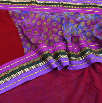 Indian Vintage Heavy Sari Red Pure Georgette Silk Hand woven Sarees Craft Fabric 5Yd Sewing Soft Ethnic Wedding Dress making