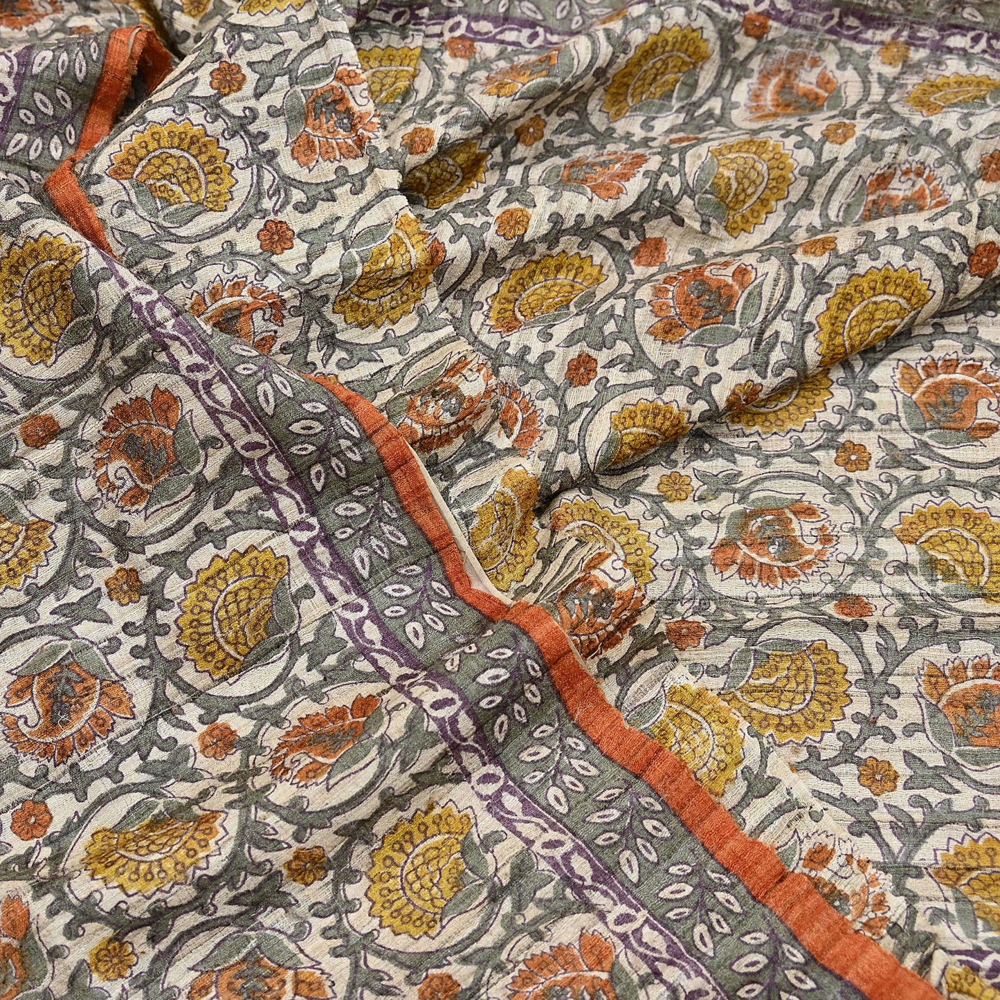 Indian Vintage Saffron & Beige Saree Pure Khadi Silk Handloom Warli Printed Sari Craft Fabric 5yd Ethnic Wear Sari Humans Dress making