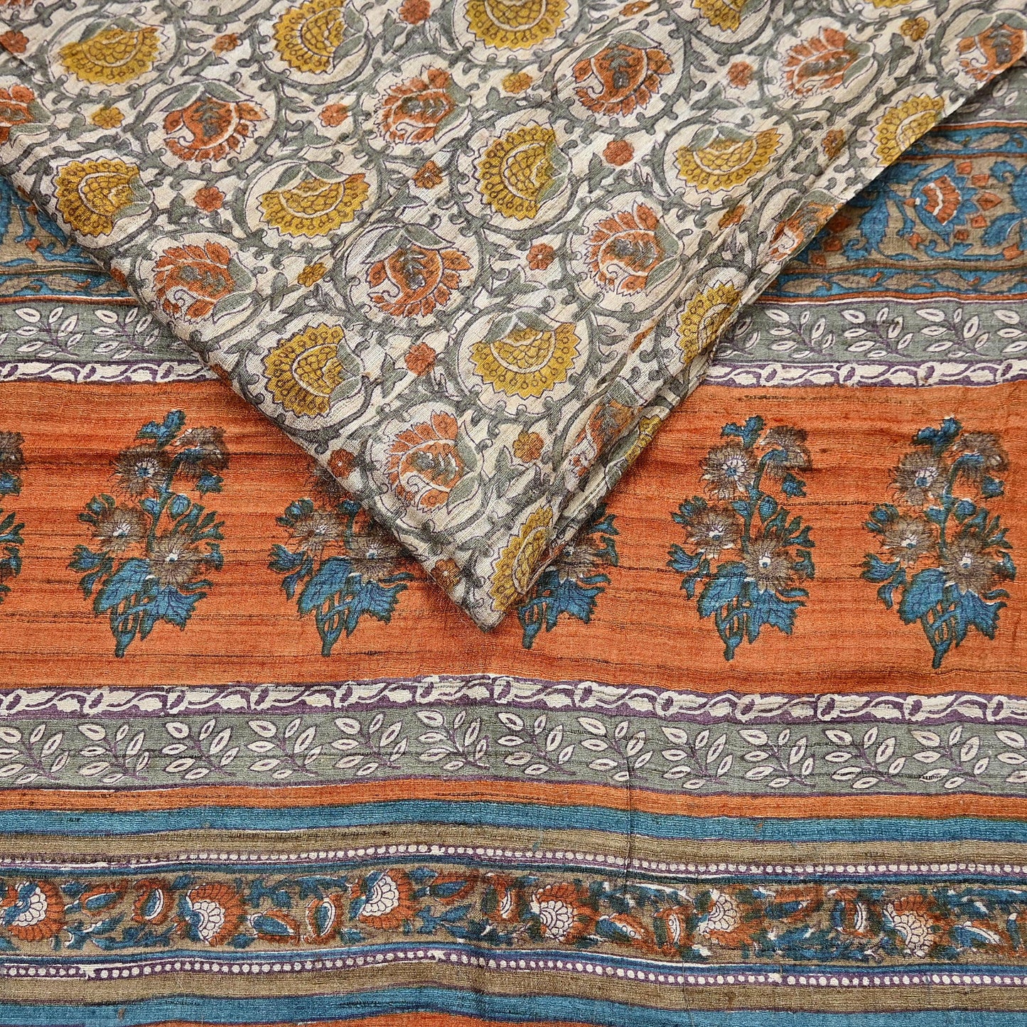 Indian Vintage Saffron & Beige Saree Pure Khadi Silk Handloom Warli Printed Sari Craft Fabric 5yd Ethnic Wear Sari Humans Dress making