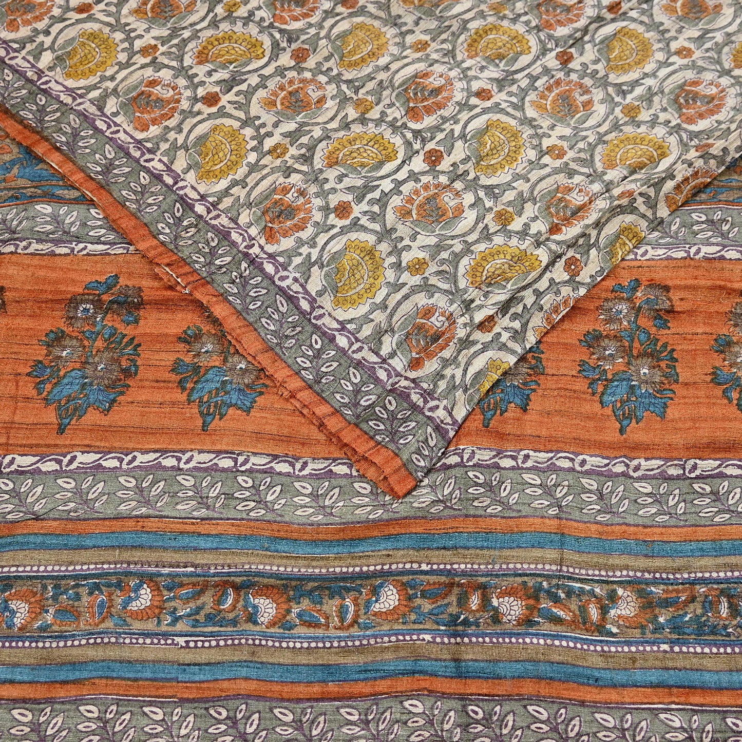 Indian Vintage Saffron & Beige Saree Pure Khadi Silk Handloom Warli Printed Sari Craft Fabric 5yd Ethnic Wear Sari Humans Dress making
