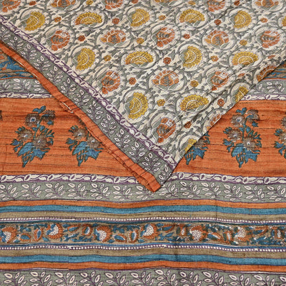 Indian Vintage Saffron & Beige Saree Pure Khadi Silk Handloom Warli Printed Sari Craft Fabric 5yd Ethnic Wear Sari Humans Dress making