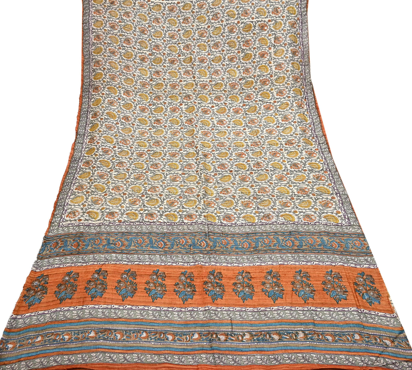 Indian Vintage Saffron & Beige Saree Pure Khadi Silk Handloom Warli Printed Sari Craft Fabric 5yd Ethnic Wear Sari Humans Dress making