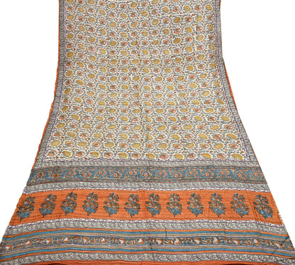 Indian Vintage Saffron & Beige Saree Pure Khadi Silk Handloom Warli Printed Sari Craft Fabric 5yd Ethnic Wear Sari Humans Dress making