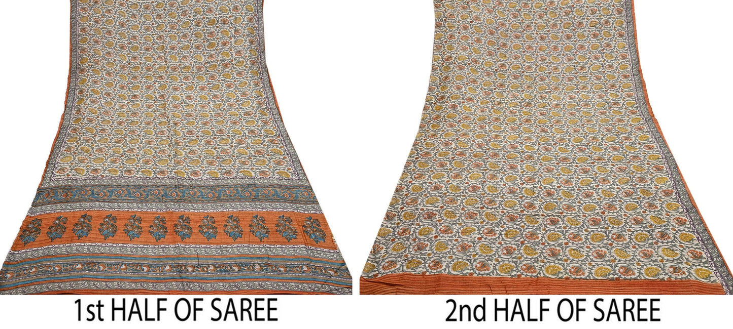 Indian Vintage Saffron & Beige Saree Pure Khadi Silk Handloom Warli Printed Sari Craft Fabric 5yd Ethnic Wear Sari Humans Dress making