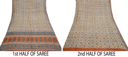 Indian Vintage Saffron & Beige Saree Pure Khadi Silk Handloom Warli Printed Sari Craft Fabric 5yd Ethnic Wear Sari Humans Dress making