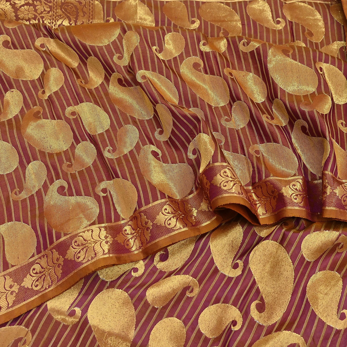 Vintage Kanjivaram Silk Saree Purple & Saffron  Floral Zari, Indian Sari Fabric 5yard Dressmaking crafting