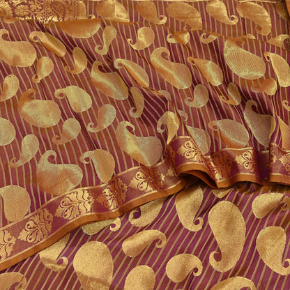 Vintage Kanjivaram Silk Saree Purple & Saffron  Floral Zari, Indian Sari Fabric 5yard Dressmaking crafting