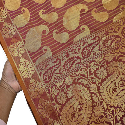 Vintage Kanjivaram Silk Saree Purple & Saffron  Floral Zari, Indian Sari Fabric 5yard Dressmaking crafting