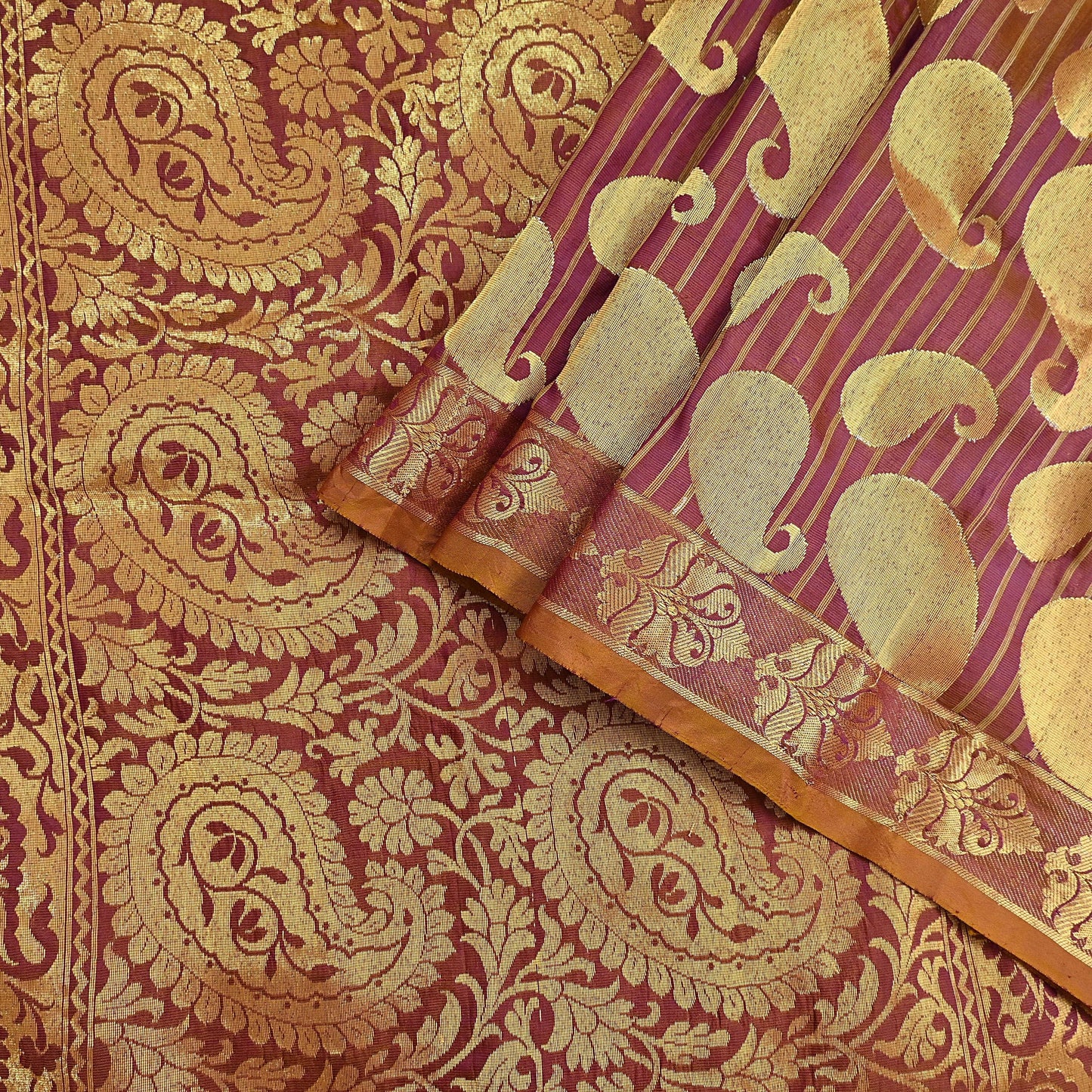 Vintage Kanjivaram Silk Saree Purple & Saffron  Floral Zari, Indian Sari Fabric 5yard Dressmaking crafting