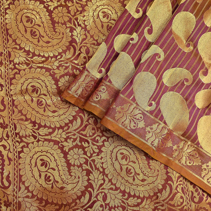 Vintage Kanjivaram Silk Saree Purple & Saffron  Floral Zari, Indian Sari Fabric 5yard Dressmaking crafting