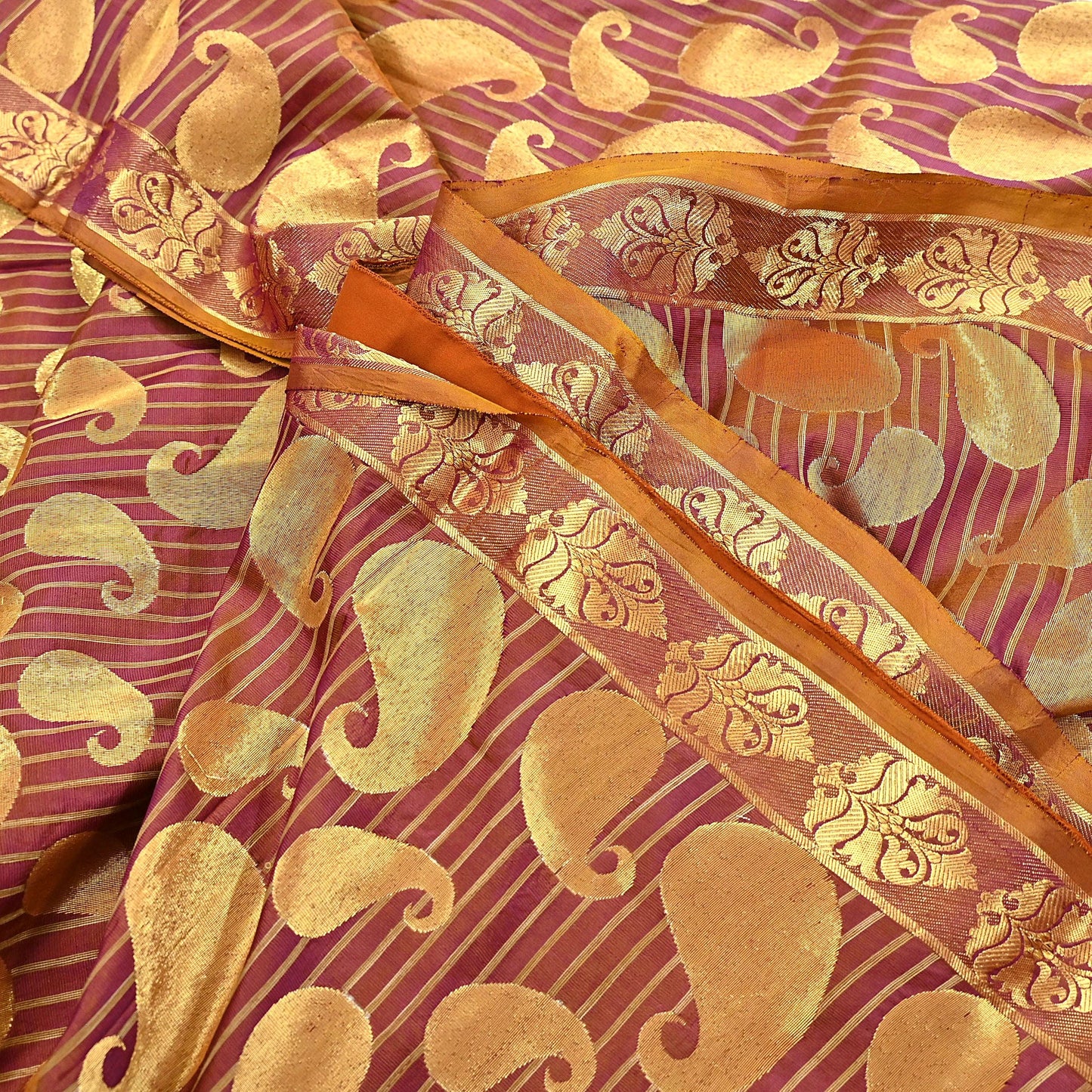 Vintage Kanjivaram Silk Saree Purple & Saffron  Floral Zari, Indian Sari Fabric 5yard Dressmaking crafting