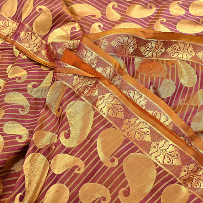 Vintage Kanjivaram Silk Saree Purple & Saffron  Floral Zari, Indian Sari Fabric 5yard Dressmaking crafting