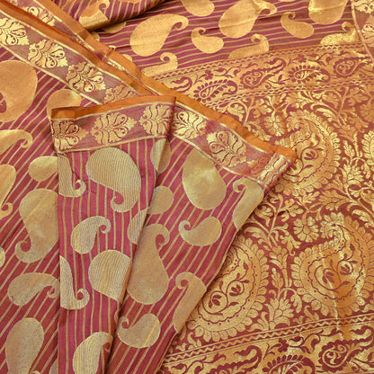 Vintage Kanjivaram Silk Saree Purple & Saffron  Floral Zari, Indian Sari Fabric 5yard Dressmaking crafting