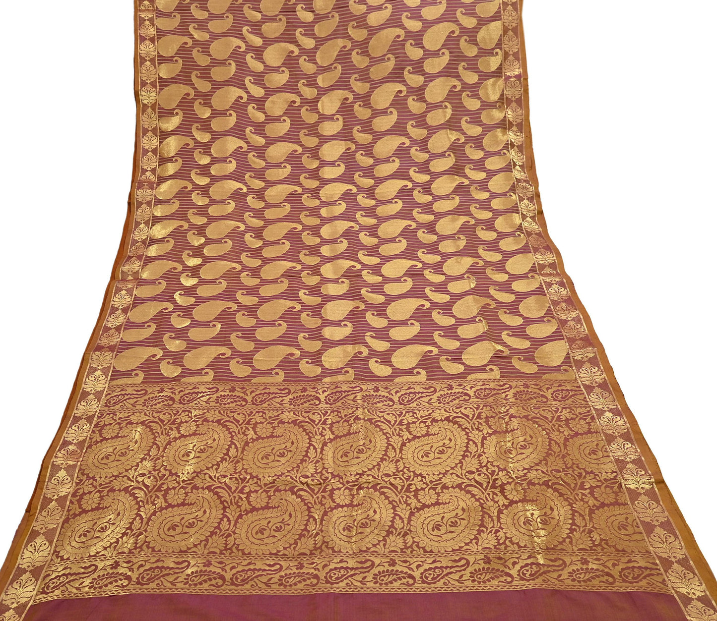 Vintage Kanjivaram Silk Saree Purple & Saffron  Floral Zari, Indian Sari Fabric 5yard Dressmaking crafting