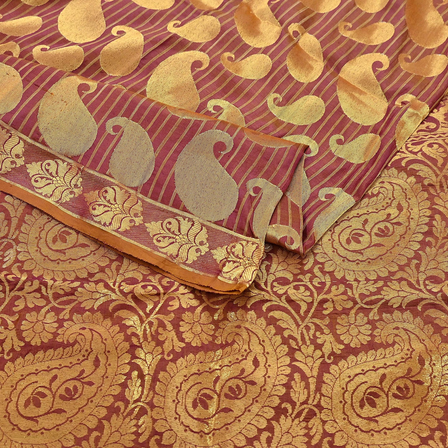 Vintage Kanjivaram Silk Saree Purple & Saffron  Floral Zari, Indian Sari Fabric 5yard Dressmaking crafting