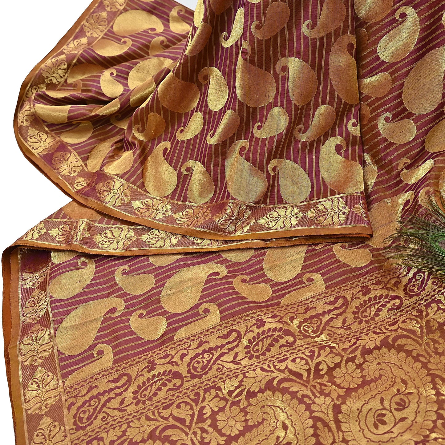 Vintage Kanjivaram Silk Saree Purple & Saffron  Floral Zari, Indian Sari Fabric 5yard Dressmaking crafting