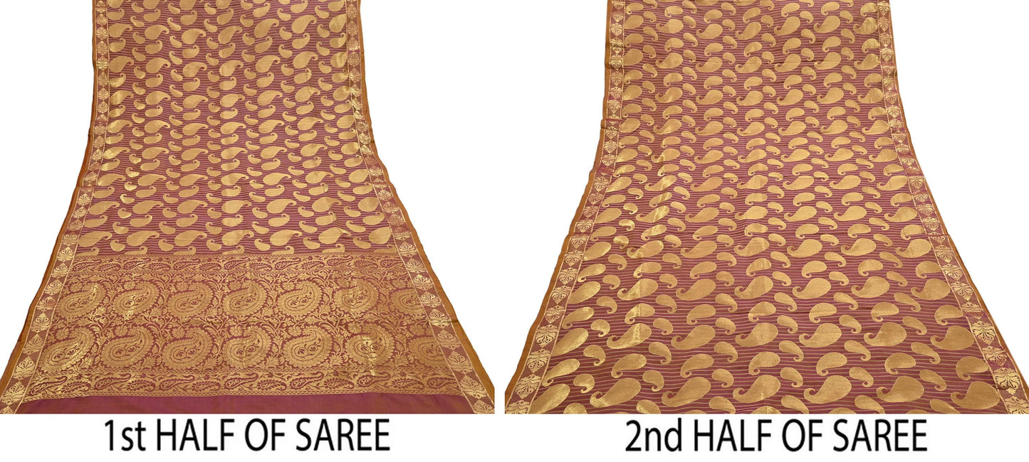 Vintage Kanjivaram Silk Saree Purple & Saffron  Floral Zari, Indian Sari Fabric 5yard Dressmaking crafting