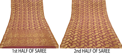 Vintage Kanjivaram Silk Saree Purple & Saffron  Floral Zari, Indian Sari Fabric 5yard Dressmaking crafting