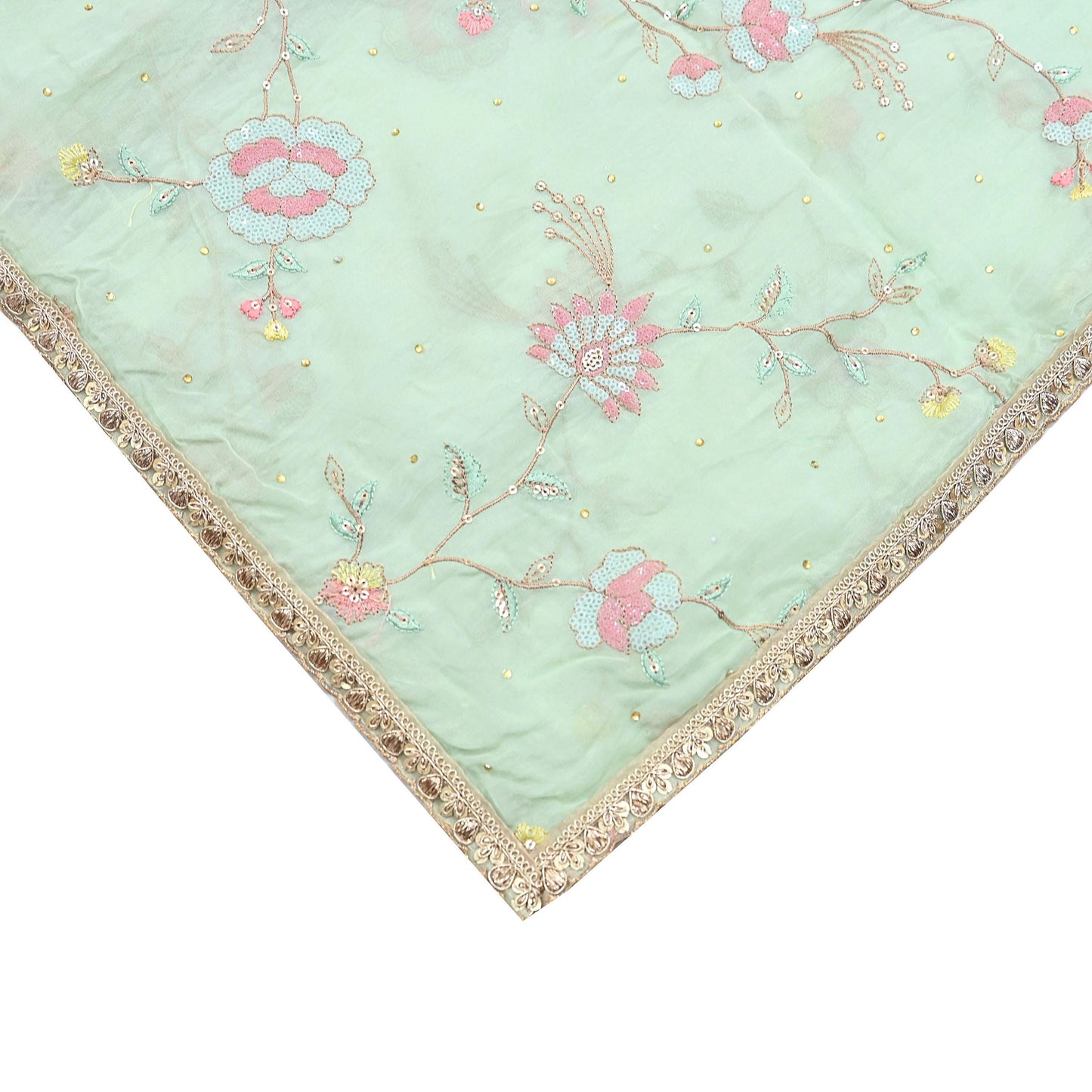 Indian Vintage Pista Green Dupatta Organza Long Stole Embroidered Scarves Veil Soft Floral Design Wrap Boho Party wear