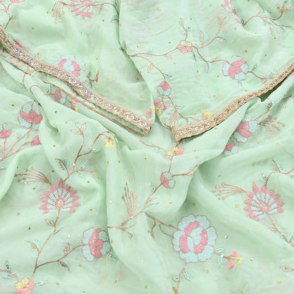 Indian Vintage Pista Green Dupatta Organza Long Stole Embroidered Scarves Veil Soft Floral Design Wrap Boho Party wear