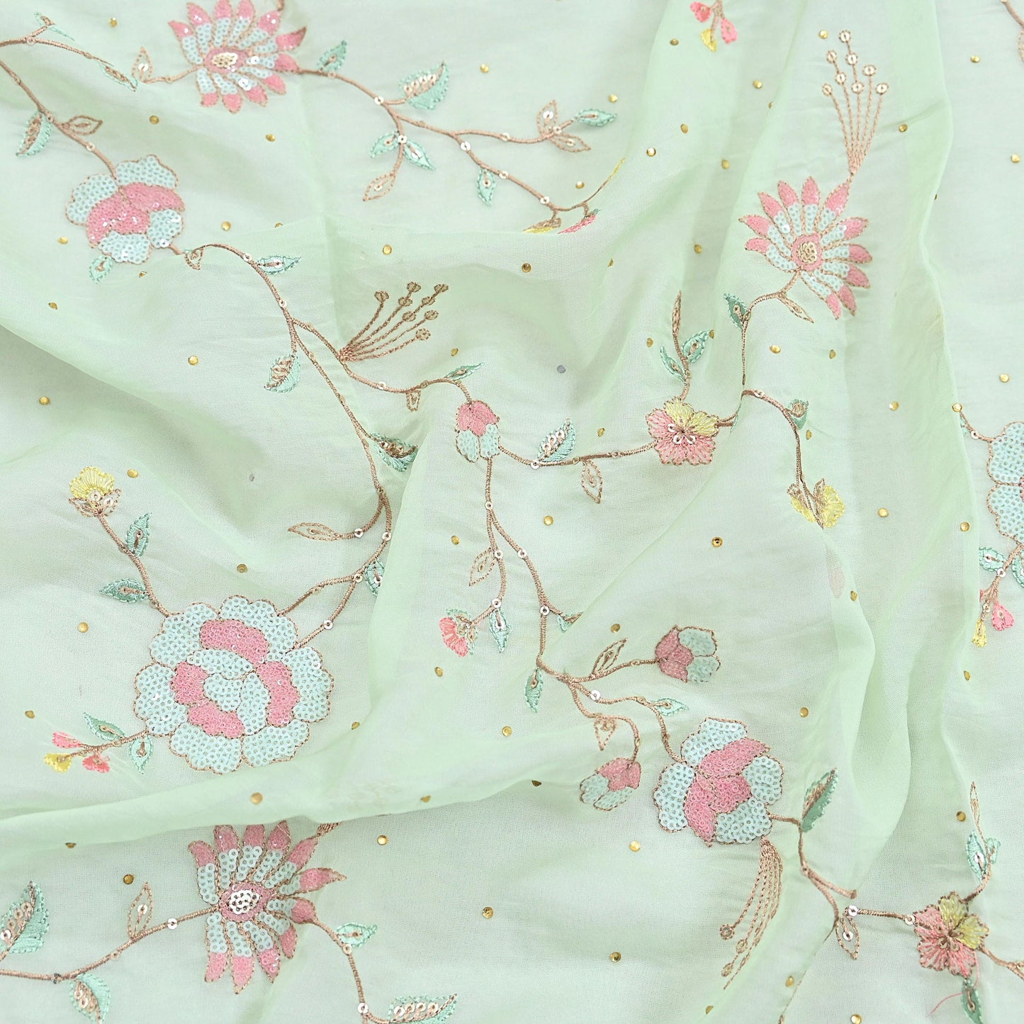 Indian Vintage Pista Green Dupatta Organza Long Stole Embroidered Scarves Veil Soft Floral Design Wrap Boho Party wear