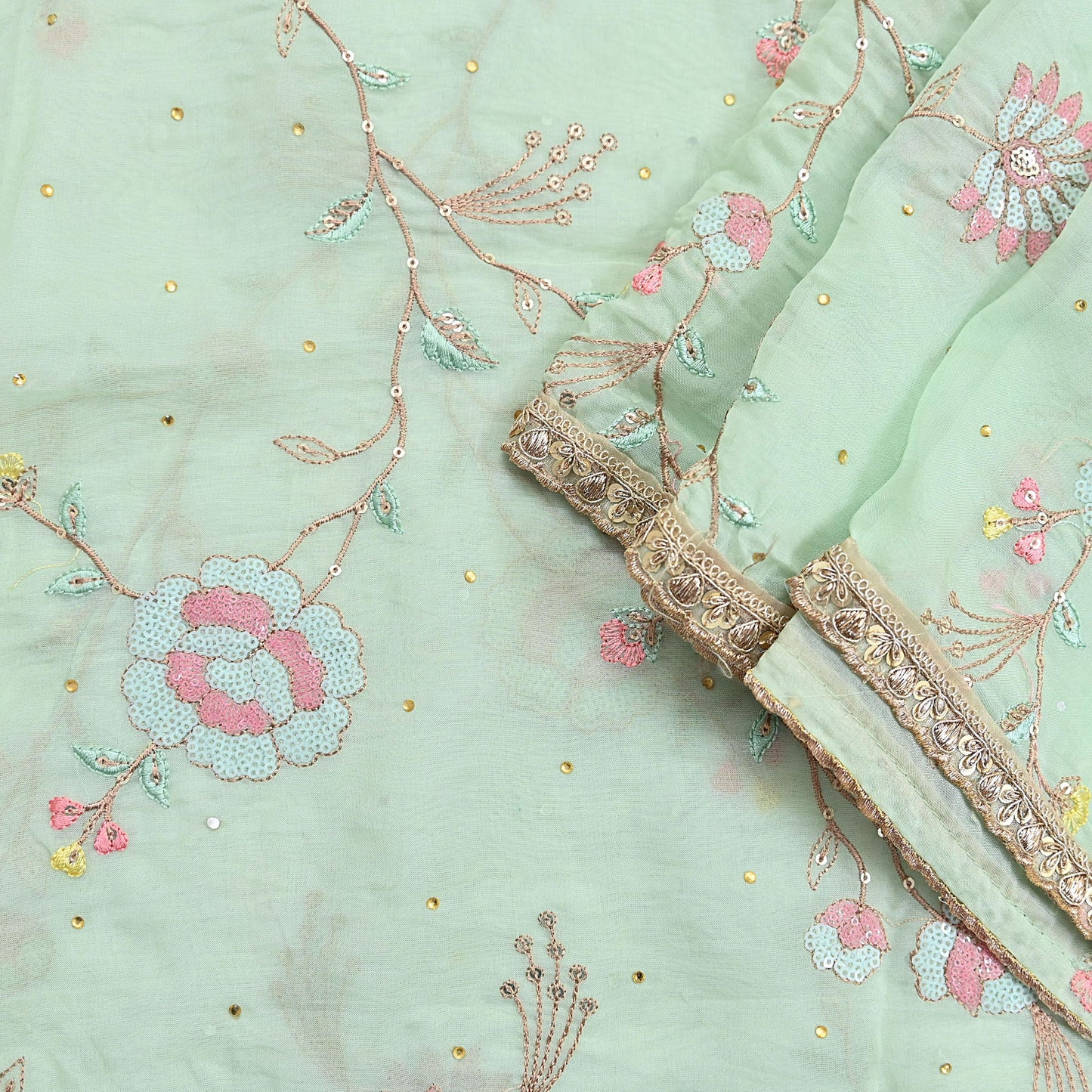 Indian Vintage Pista Green Dupatta Organza Long Stole Embroidered Scarves Veil Soft Floral Design Wrap Boho Party wear