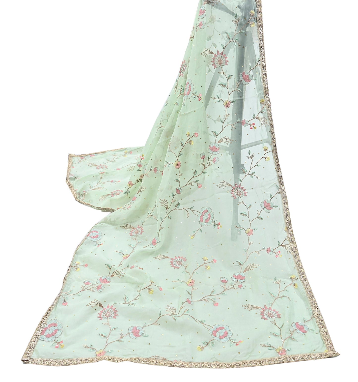 Indian Vintage Pista Green Dupatta Organza Long Stole Embroidered Scarves Veil Soft Floral Design Wrap Boho Party wear