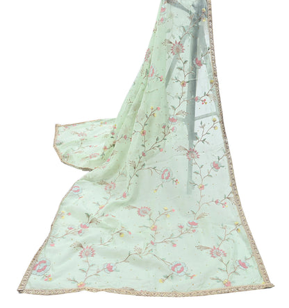 Indian Vintage Pista Green Dupatta Organza Long Stole Embroidered Scarves Veil Soft Floral Design Wrap Boho Party wear