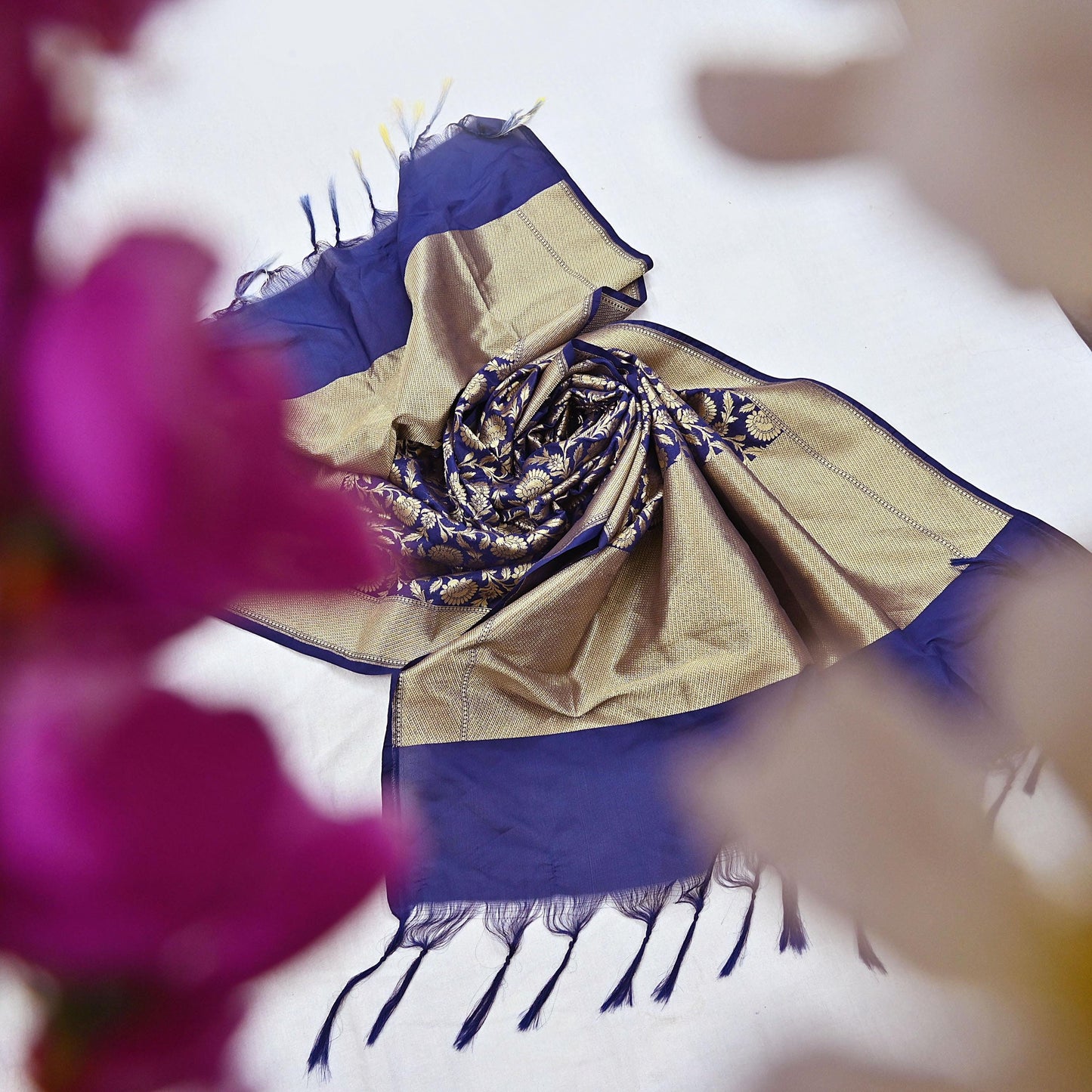 Indian Vintage Blue Dupatta Long Stole Artificial Silk Woven Brocade Scarves Veil Scarf Wrap Hippie Boho Soft Floral