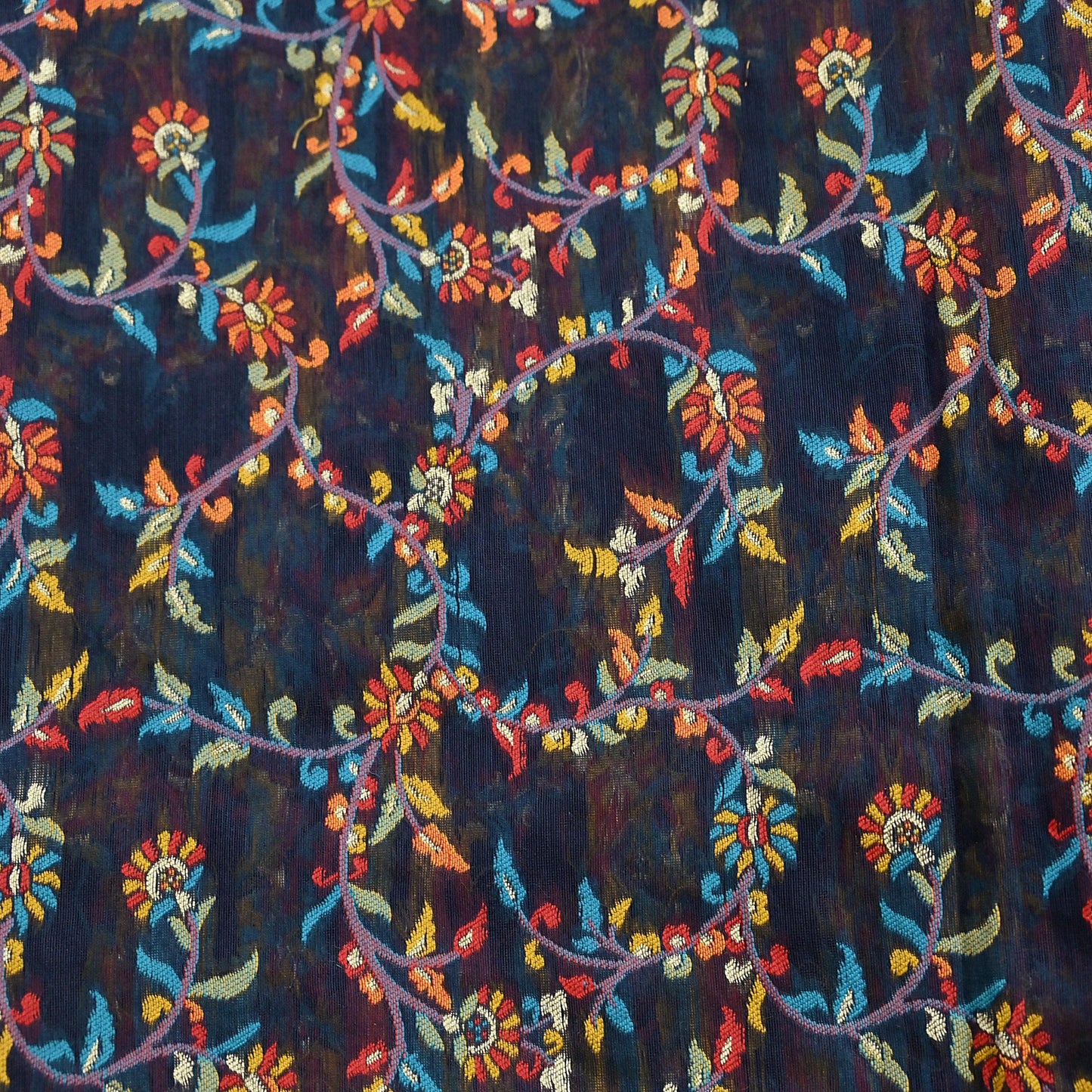 Indian Vintage Blue Dupatta Long Stole Artificial Silk Woven Brocade Scarves Veil Scarf Wrap Hippie Boho Soft Floral Fringes
