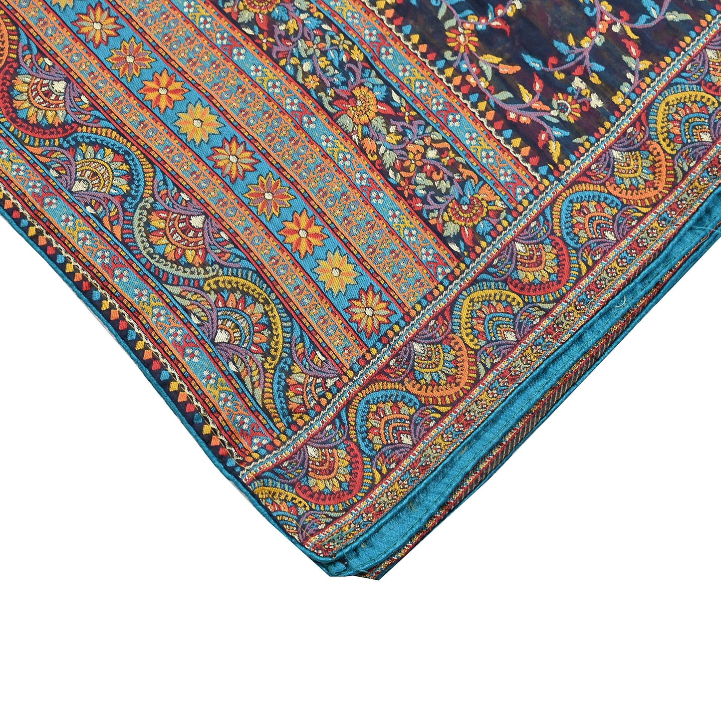 Indian Vintage Blue Dupatta Long Stole Artificial Silk Woven Brocade Scarves Veil Scarf Wrap Hippie Boho Soft Floral Fringes