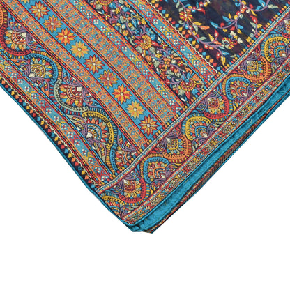 Indian Vintage Blue Dupatta Long Stole Artificial Silk Woven Brocade Scarves Veil Scarf Wrap Hippie Boho Soft Floral Fringes