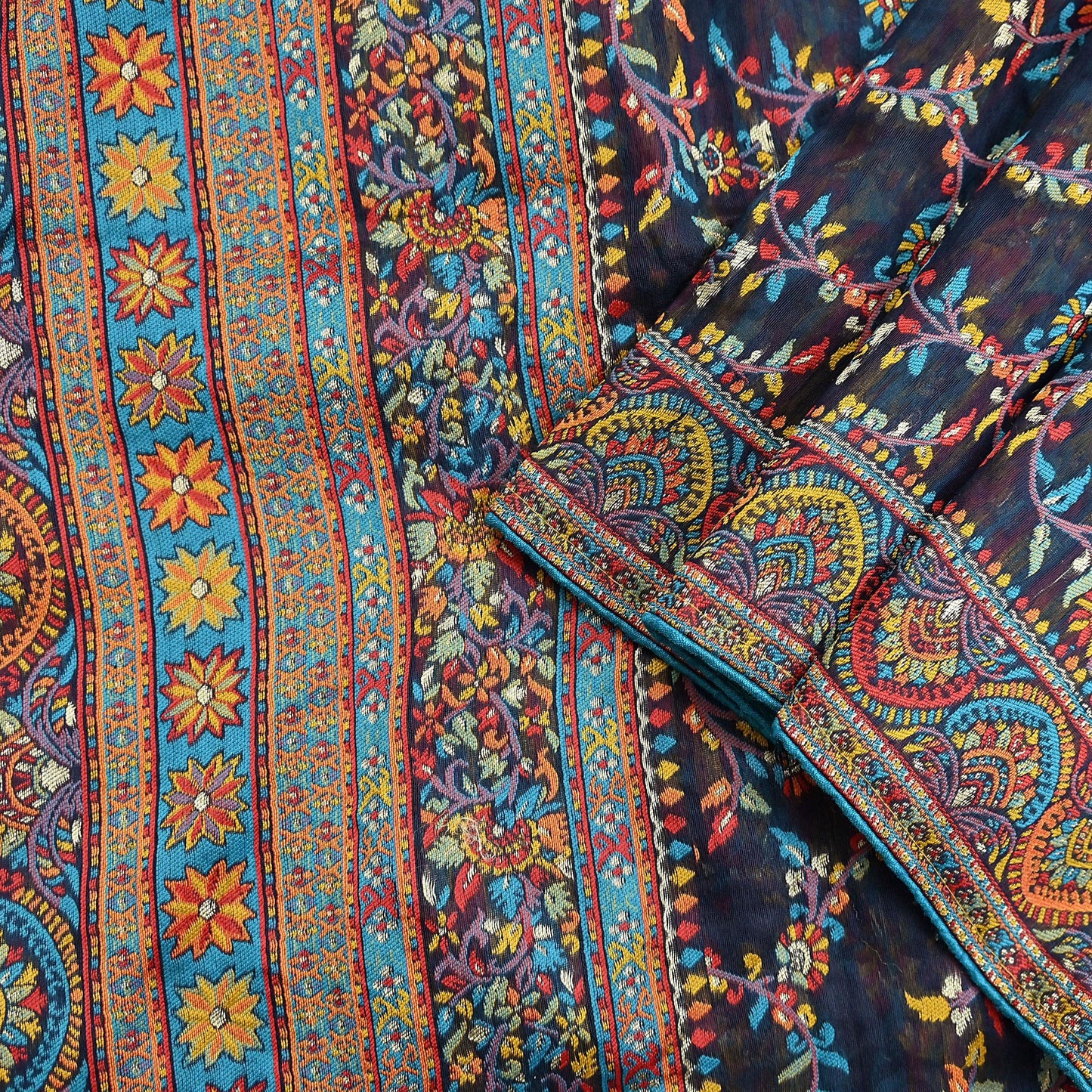 Indian Vintage Blue Dupatta Long Stole Artificial Silk Woven Brocade Scarves Veil Scarf Wrap Hippie Boho Soft Floral Fringes