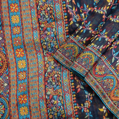 Indian Vintage Blue Dupatta Long Stole Artificial Silk Woven Brocade Scarves Veil Scarf Wrap Hippie Boho Soft Floral Fringes