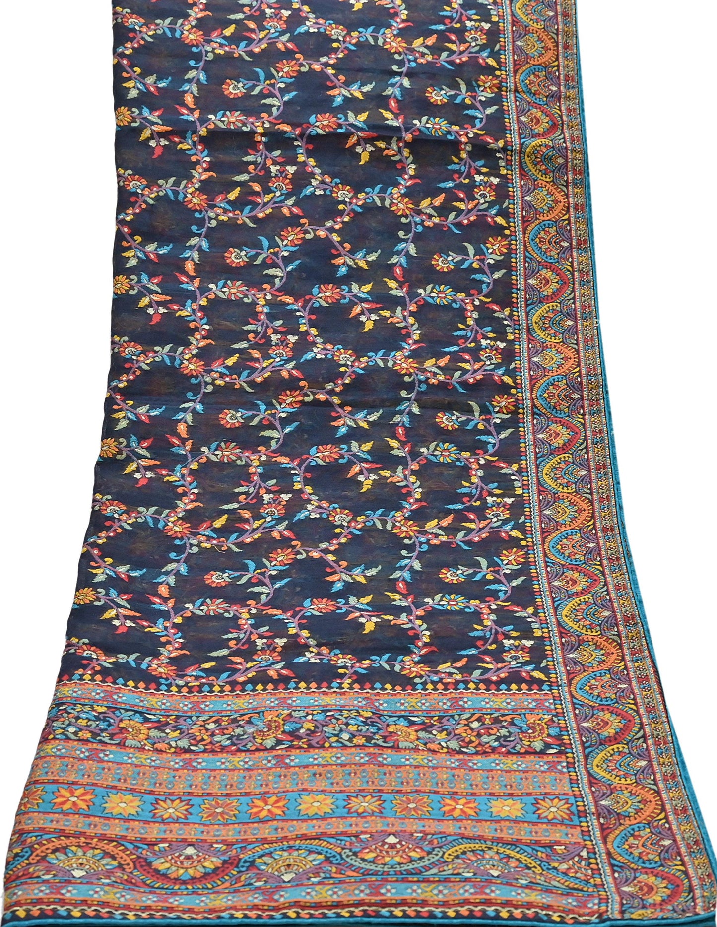 Indian Vintage Blue Dupatta Long Stole Artificial Silk Woven Brocade Scarves Veil Scarf Wrap Hippie Boho Soft Floral Fringes