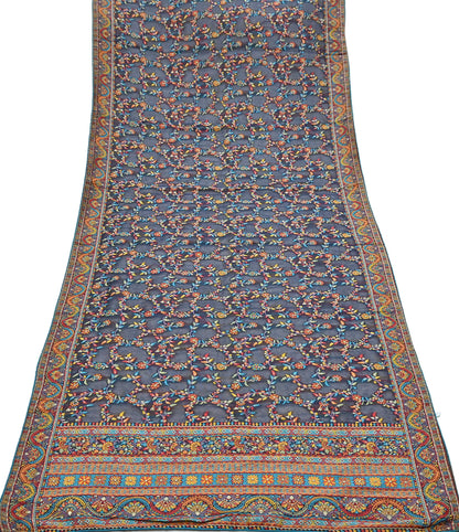 Indian Vintage Blue Dupatta Long Stole Artificial Silk Woven Brocade Scarves Veil Scarf Wrap Hippie Boho Soft Floral Fringes