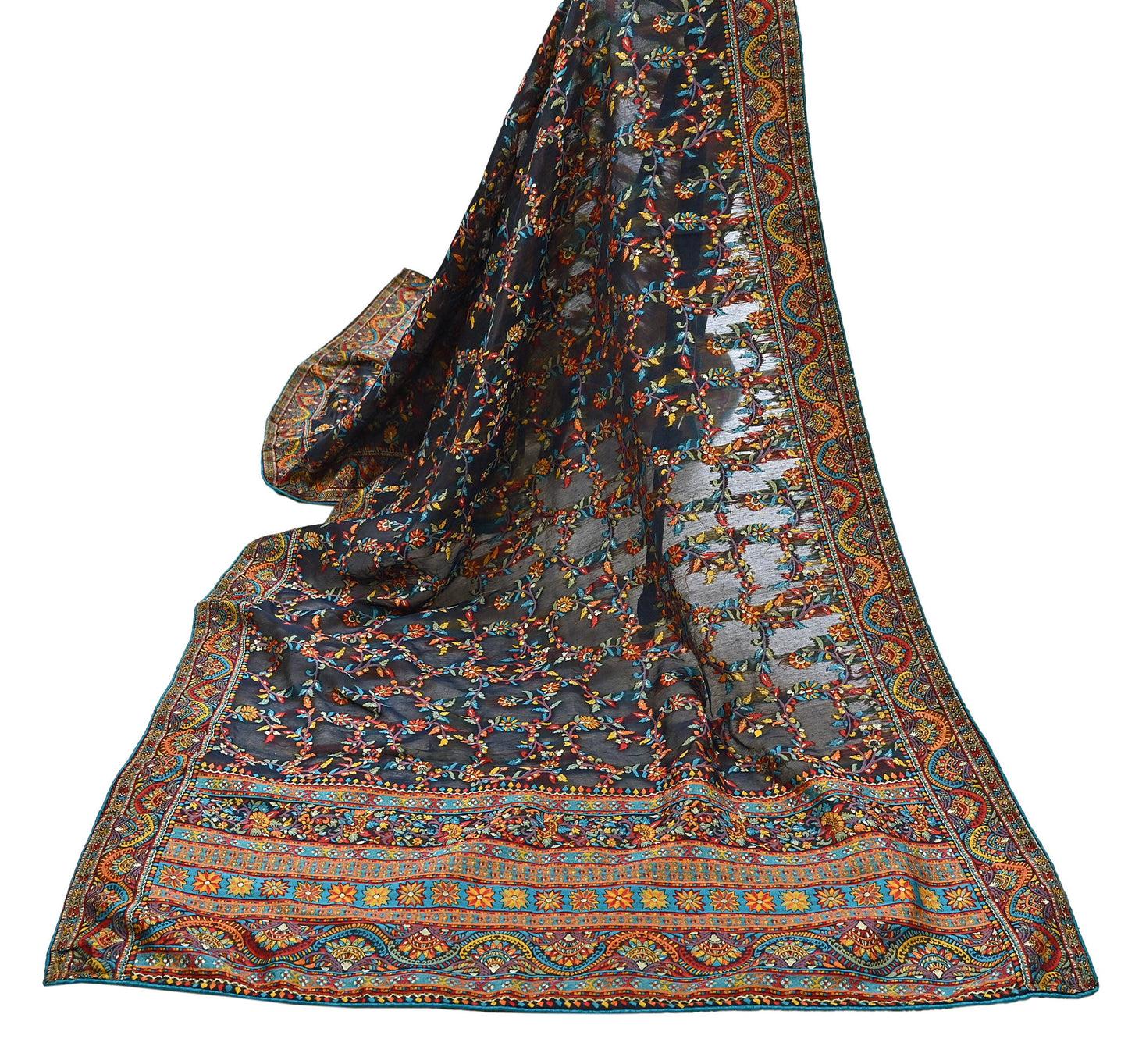 Indian Vintage Blue Dupatta Long Stole Artificial Silk Woven Brocade Scarves Veil Scarf Wrap Hippie Boho Soft Floral Fringes