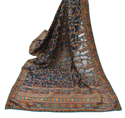Indian Vintage Blue Dupatta Long Stole Artificial Silk Woven Brocade Scarves Veil Scarf Wrap Hippie Boho Soft Floral Fringes