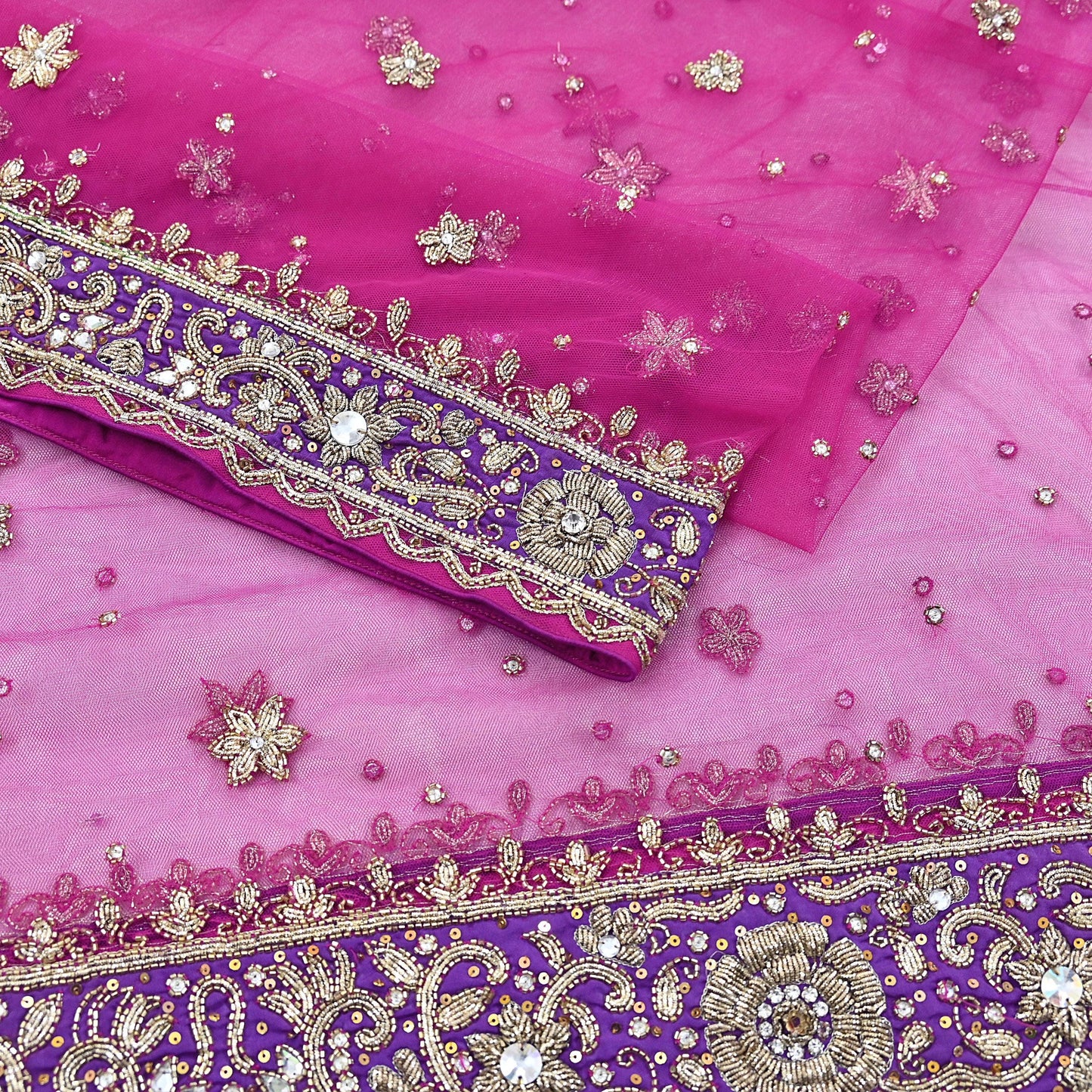Indian Vintage Heavy Wedding Pink Dupatta Net Mesh Long Stole Hand Embroidered Scarves Golden Zardozi Dabka Zari Stole