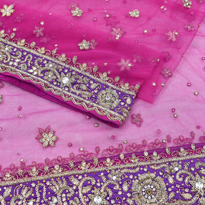Indian Vintage Heavy Wedding Pink Dupatta Net Mesh Long Stole Hand Embroidered Scarves Golden Zardozi Dabka Zari Stole