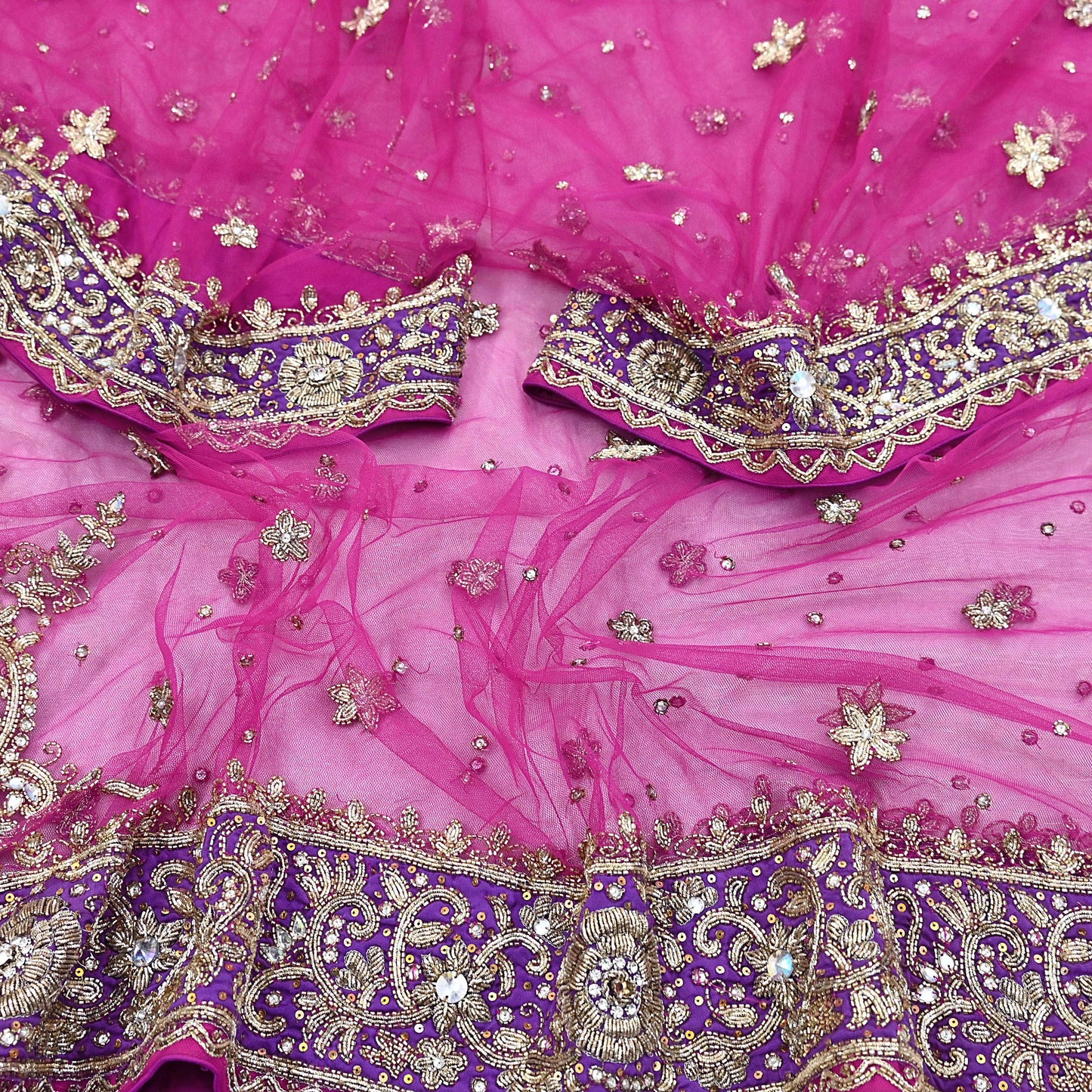 Indian Vintage Heavy Wedding Pink Dupatta Net Mesh Long Stole Hand Embroidered Scarves Golden Zardozi Dabka Zari Stole