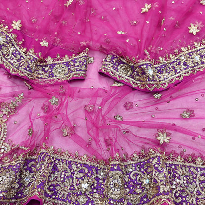 Indian Vintage Heavy Wedding Pink Dupatta Net Mesh Long Stole Hand Embroidered Scarves Golden Zardozi Dabka Zari Stole