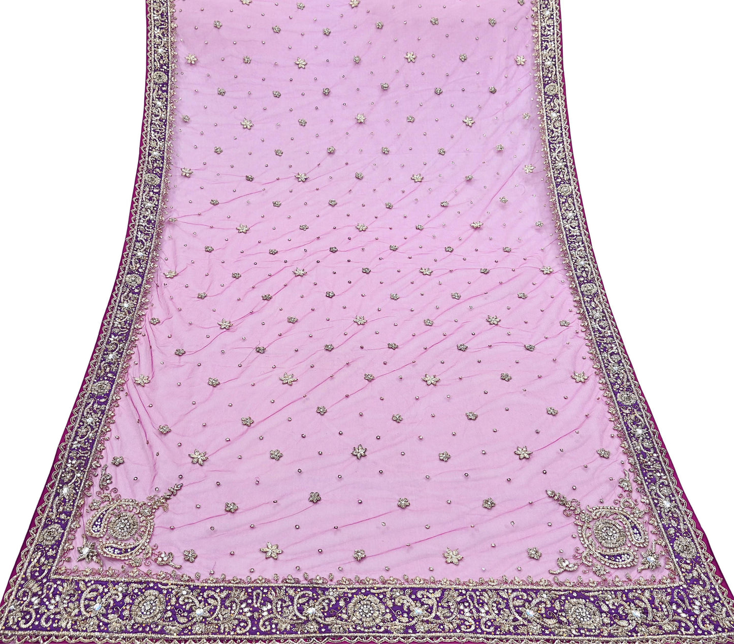 Indian Vintage Heavy Wedding Pink Dupatta Net Mesh Long Stole Hand Embroidered Scarves Golden Zardozi Dabka Zari Stole