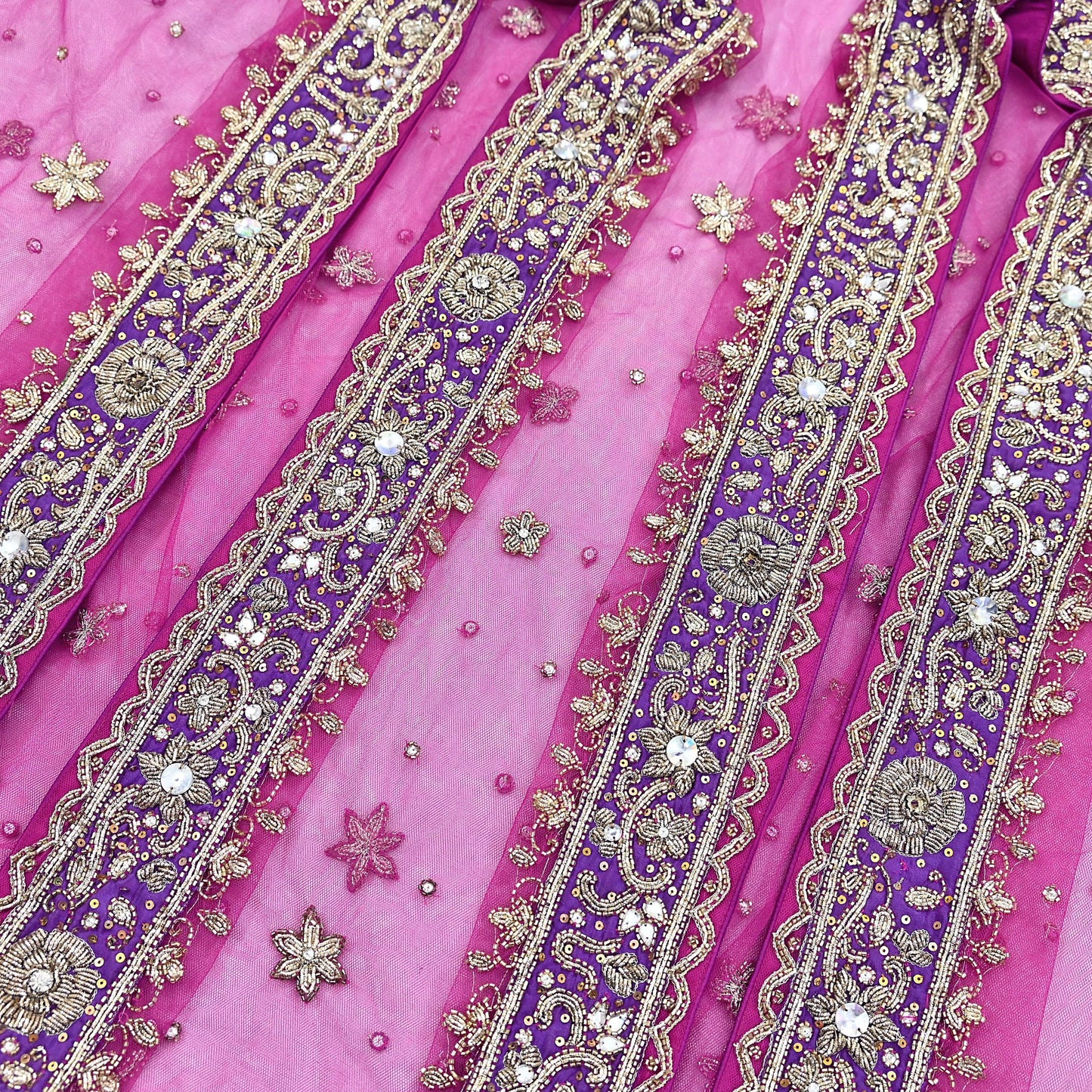 Indian Vintage Heavy Wedding Pink Dupatta Net Mesh Long Stole Hand Embroidered Scarves Golden Zardozi Dabka Zari Stole